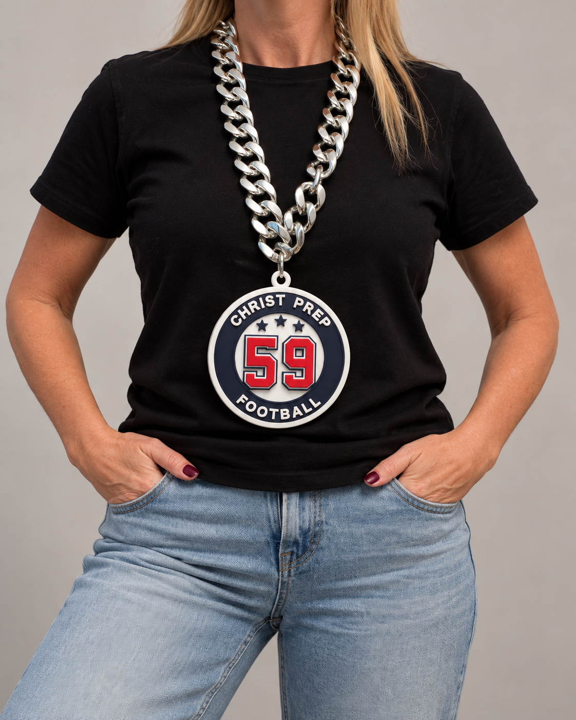 AI generated lifestyle image of an adult wearing the Christ Prep Football number 59 pendant on a chunky silver chain, cropped with no face visible.