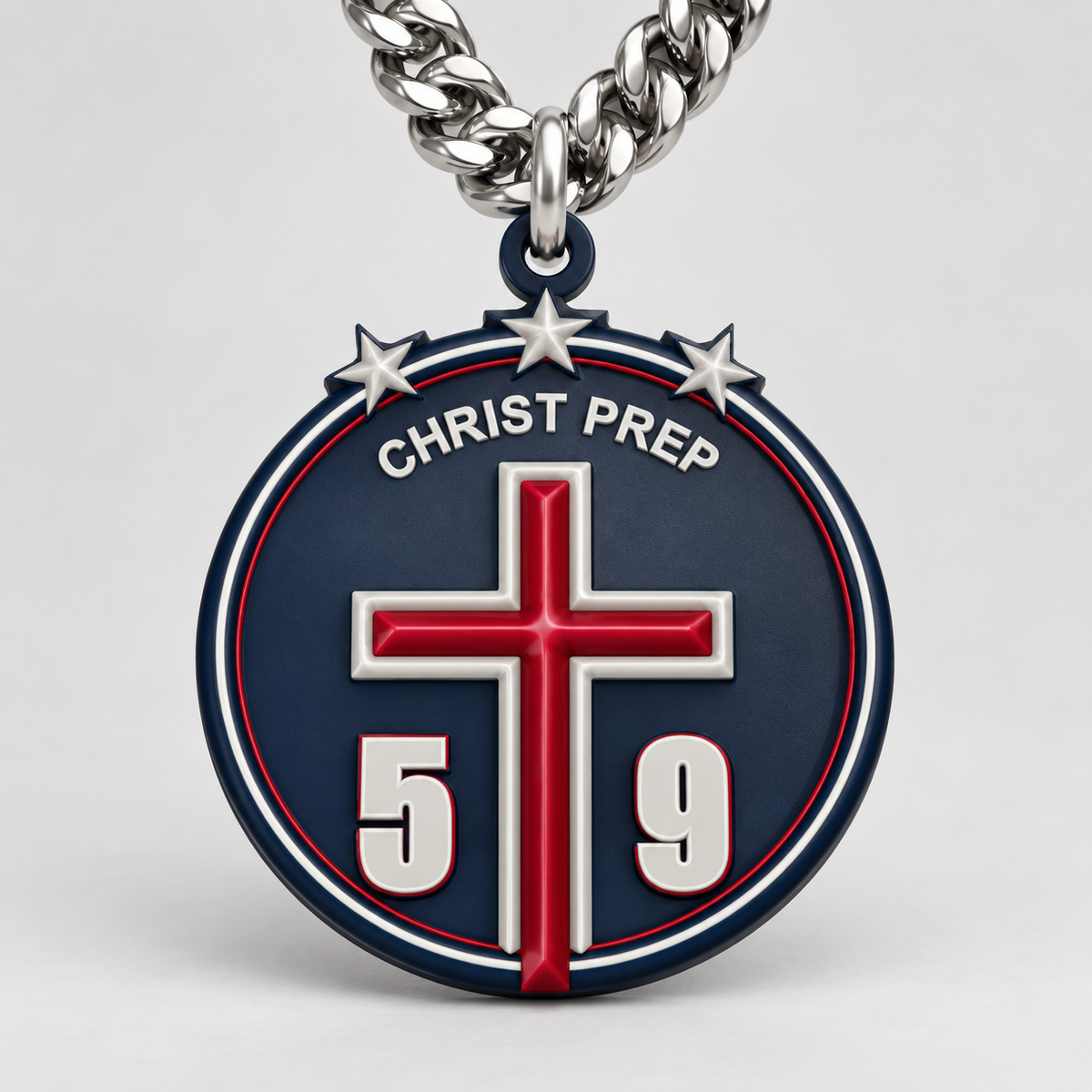 AI generated visualization of the Christ Prep Cross Chain with sample player number 59, raised CHRIST PREP lettering, three stars, navy bowl shaped pendant, and silver color chain.