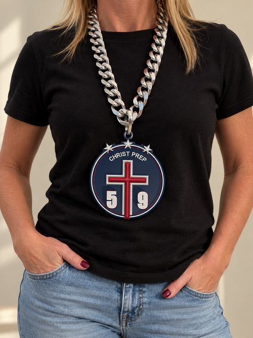 AI generated visualization of the Christ Prep Cross Chain with sample player number 59 worn on a silver color chain; the wearer's face is not shown.