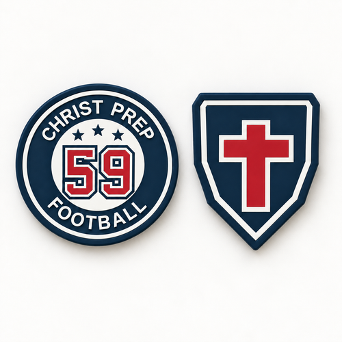 Illustrative AI mockup: two-piece Christ Prep shoe charm set with one personalized round football number 59 charm and one unnumbered shield cross charm