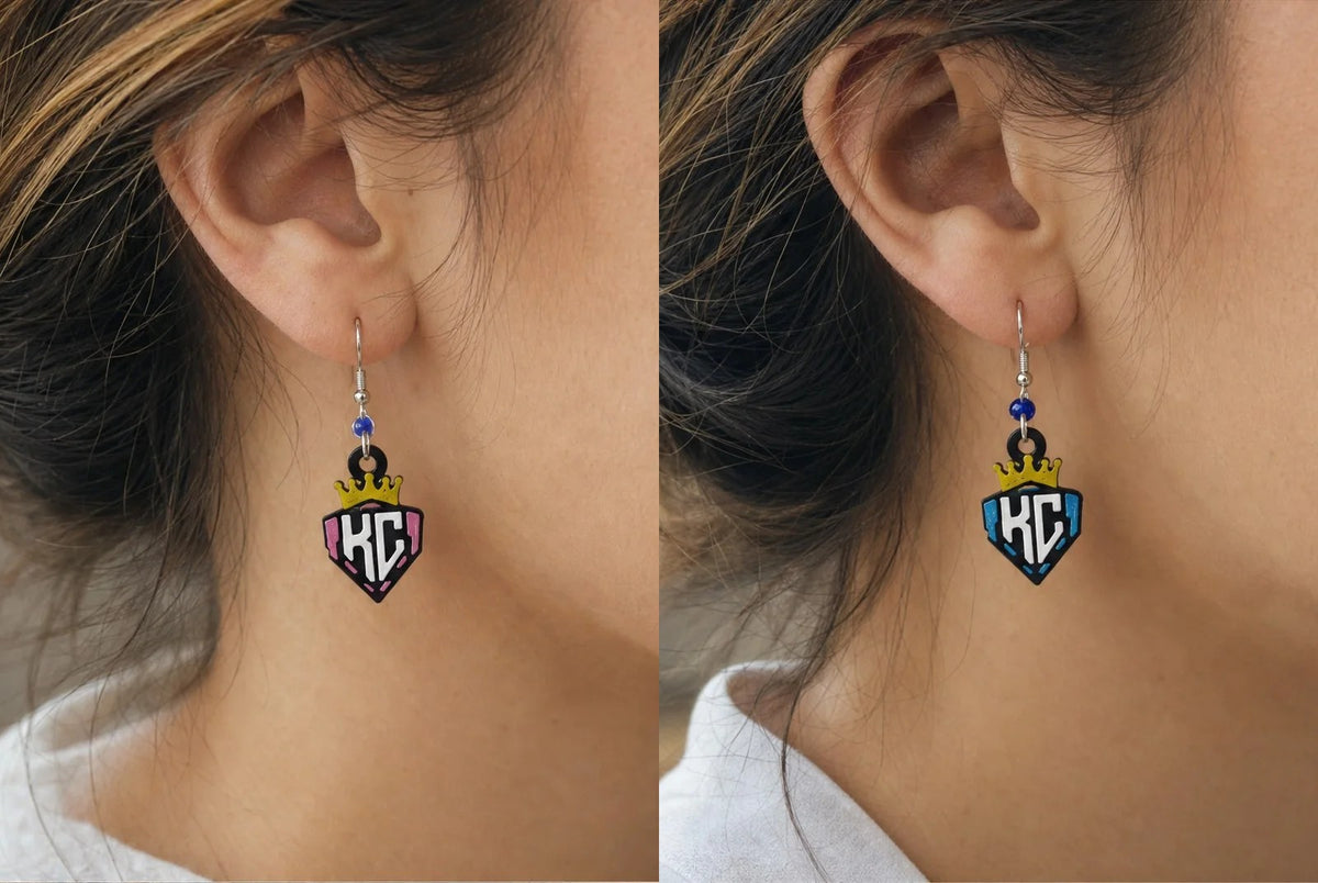 KC Diamonds crown shield earrings, pink and carolina blue pairs shown side by side